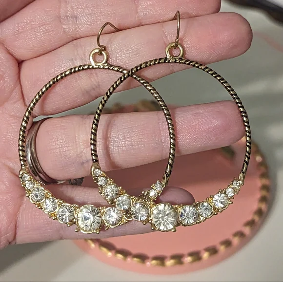 Vintage Gold Rhinestone Hoop Earrings - Picture 5 of 6